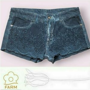 FARM Rio | Anthropologie | denim lace embroidered shorts sz 6